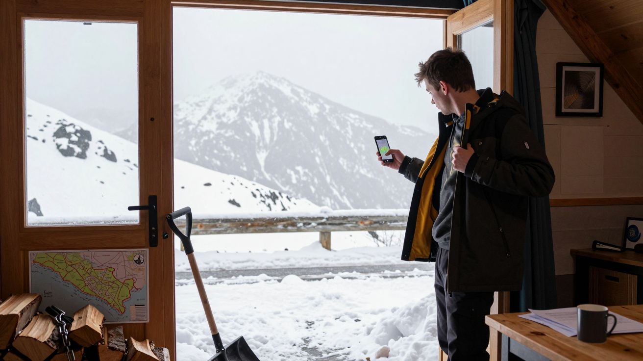 Homem com casaco dentro de casa olha para o telemóvel com paisagem de montanha nevada visível pela porta aberta.