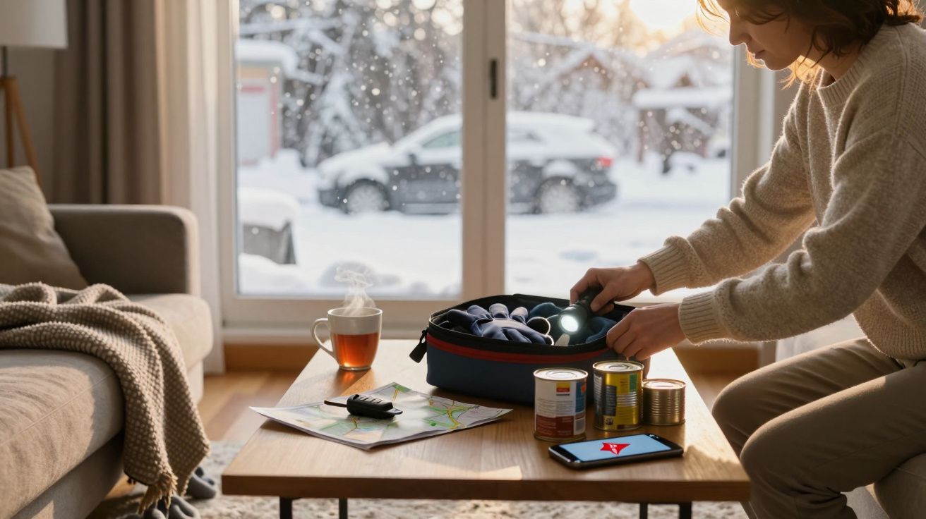 Pessoa a preparar kit de emergência com latas e lanterna numa sala com janela para paisagem nevada.