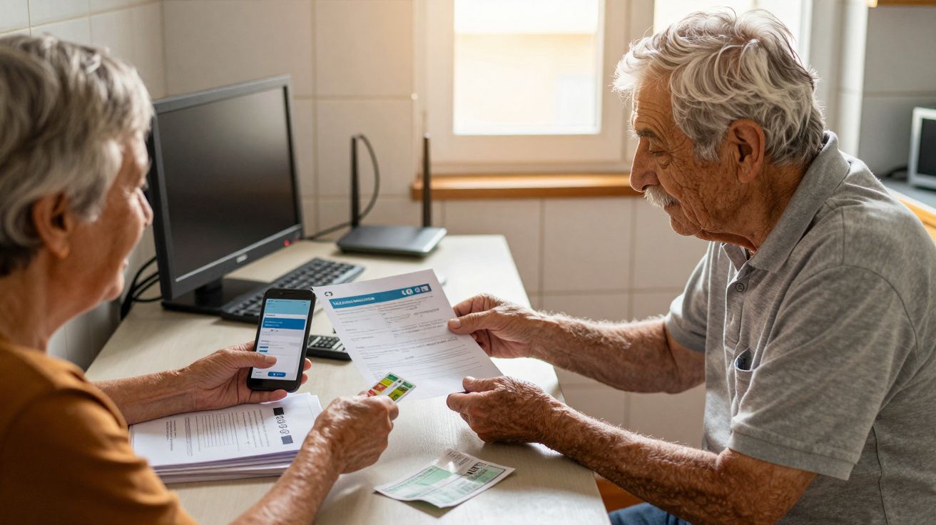Casal idoso analisa fatura e consulta telemóvel numa mesa com computador à frente.