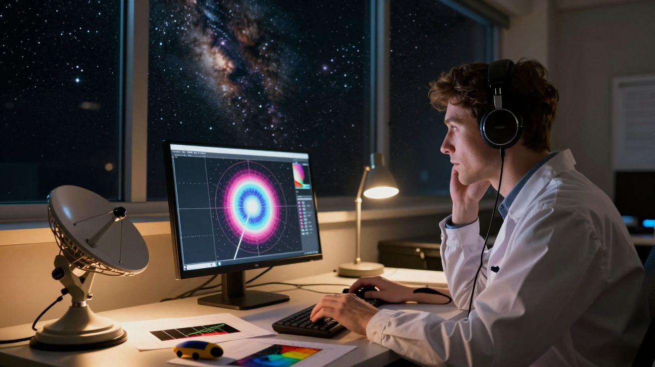 Cientista no laboratório a analisar imagem colorida de estrela num ecrã com Via Láctea ao fundo.