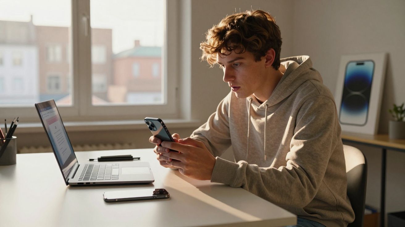 Jovem concentrado sentado à mesa, a usar telemóvel e computador portátil num ambiente luminoso.