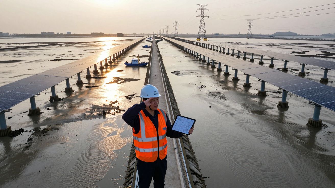 Engenheiro de segurança em colete laranja e capacete branco inspeciona painéis solares numa área alagada ao pôr do sol.