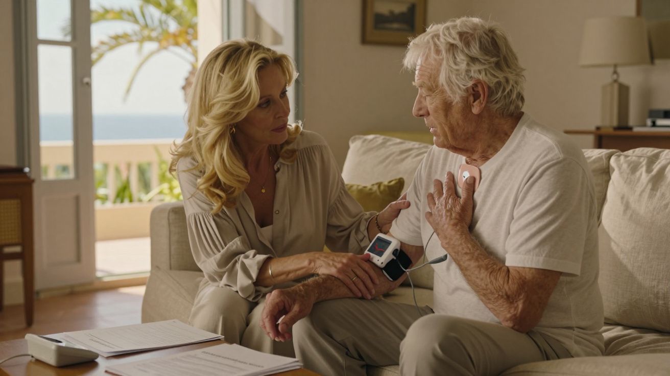 Mulher mede a pressão arterial de idoso sentado no sofá numa sala iluminada durante o dia.