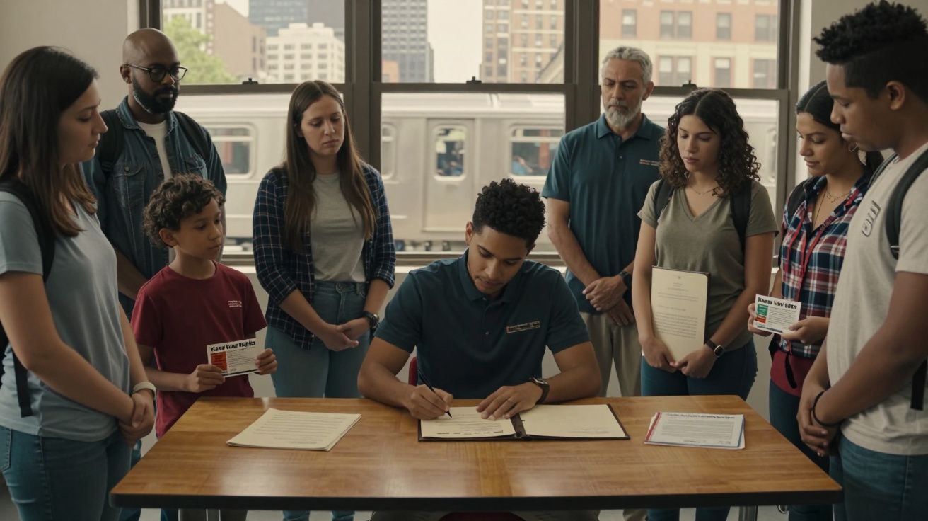 Jovem sentado assina documento numa mesa, rodeado por outras pessoas de várias idades em ambiente urbano.