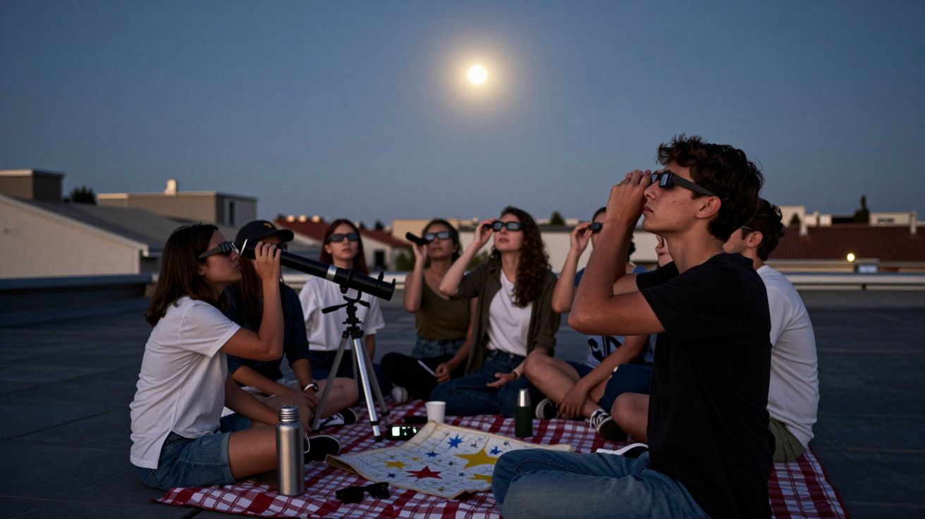 Grupo de jovens com óculos de proteção a observar o céu noturno em telhado, com telescópio e mapa astronómico.