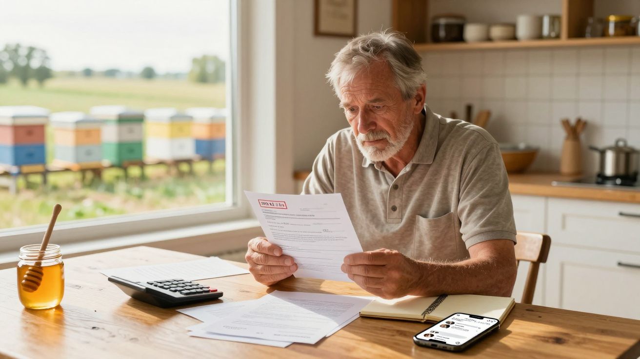 Homem idoso sentado à mesa em cozinha a ler uma conta com calculadora, telemóvel e frasco de mel à sua frente.