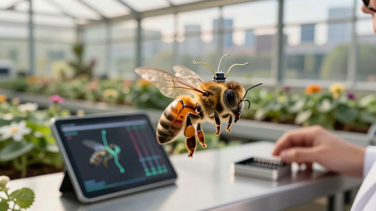 Abelha com dispositivos eletrónicos integrados voando perto de um tablet com dados num laboratório moderno.