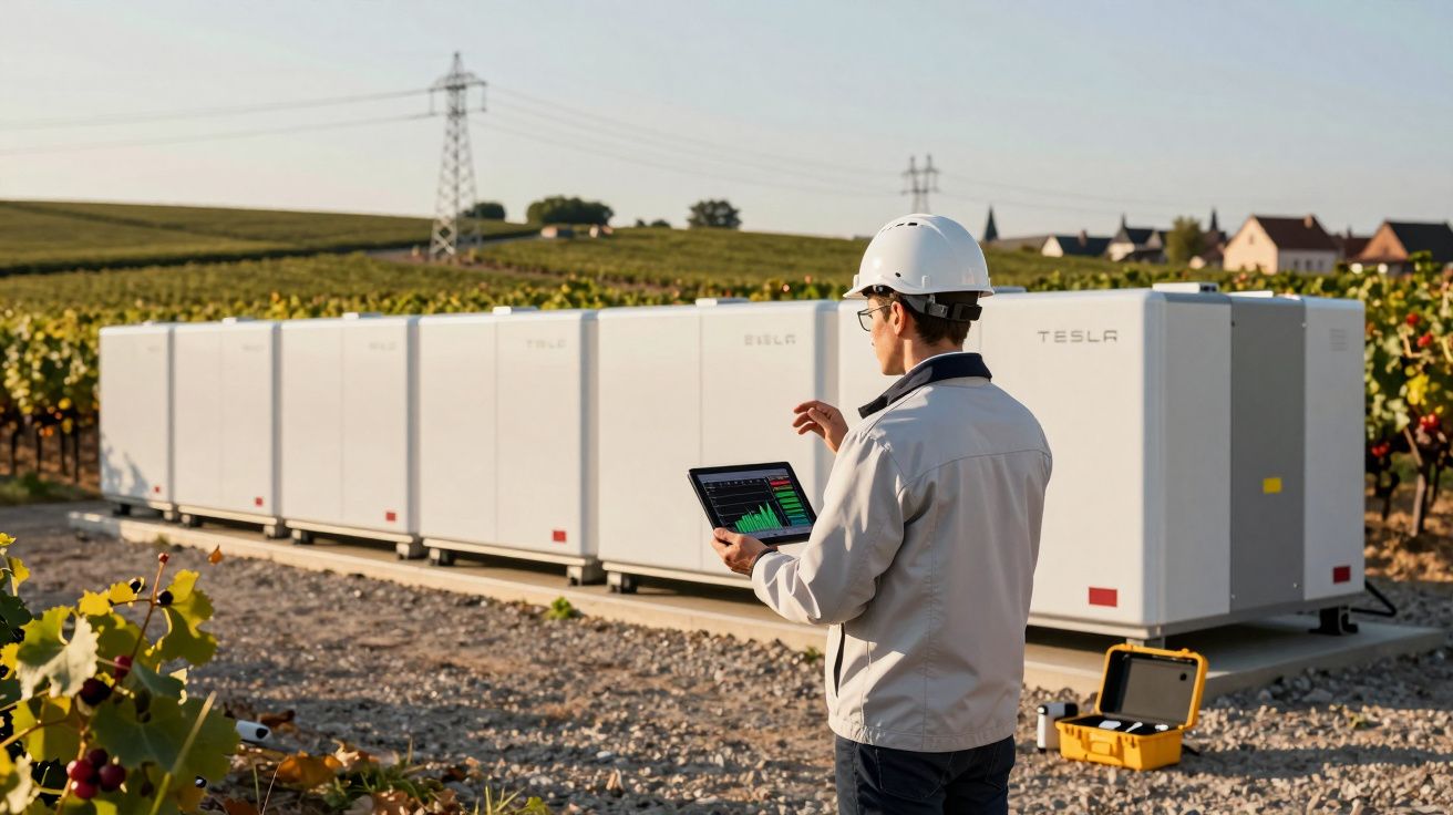Técnico com tablet a inspecionar baterias Tesla ao ar livre numa vinha, com campo e casas ao fundo.