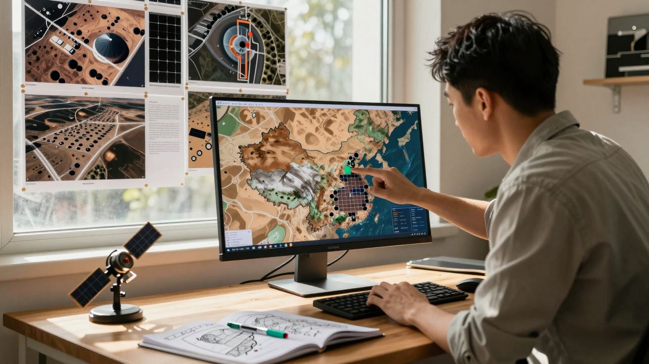 Pessoa a analisar mapas geográficos num computador, com desenhos e modelo de satélite numa mesa junto à janela.