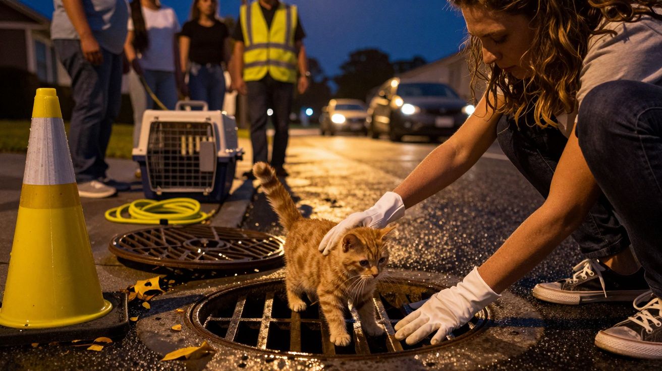 Mulher com luvas a resgatar um gato de uma sarjeta na rua à noite, com pessoas e carro ao fundo.