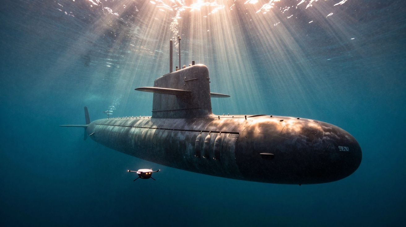 Submarino militar preto submerso com luz solar a penetrar na água e um pequeno drone subaquático ao lado.