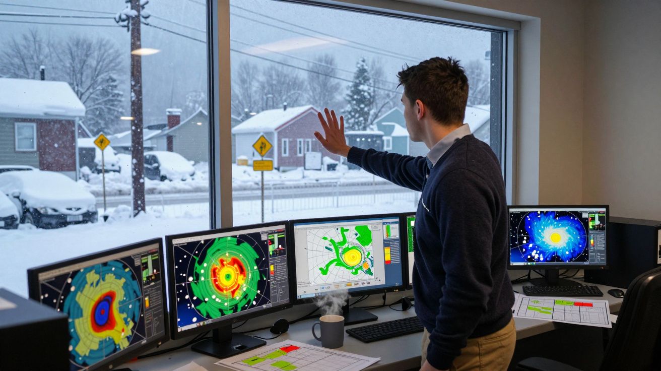 Homem no escritório com vários ecrãs de radar olhando para a neve através da janela grande.