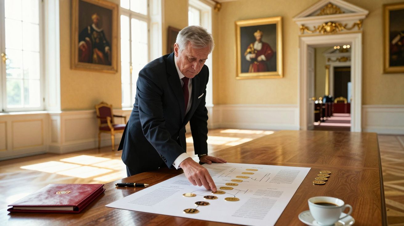 Homem de fato aponta para gráficos num documento grande numa sala elegante com pinturas e luz natural.