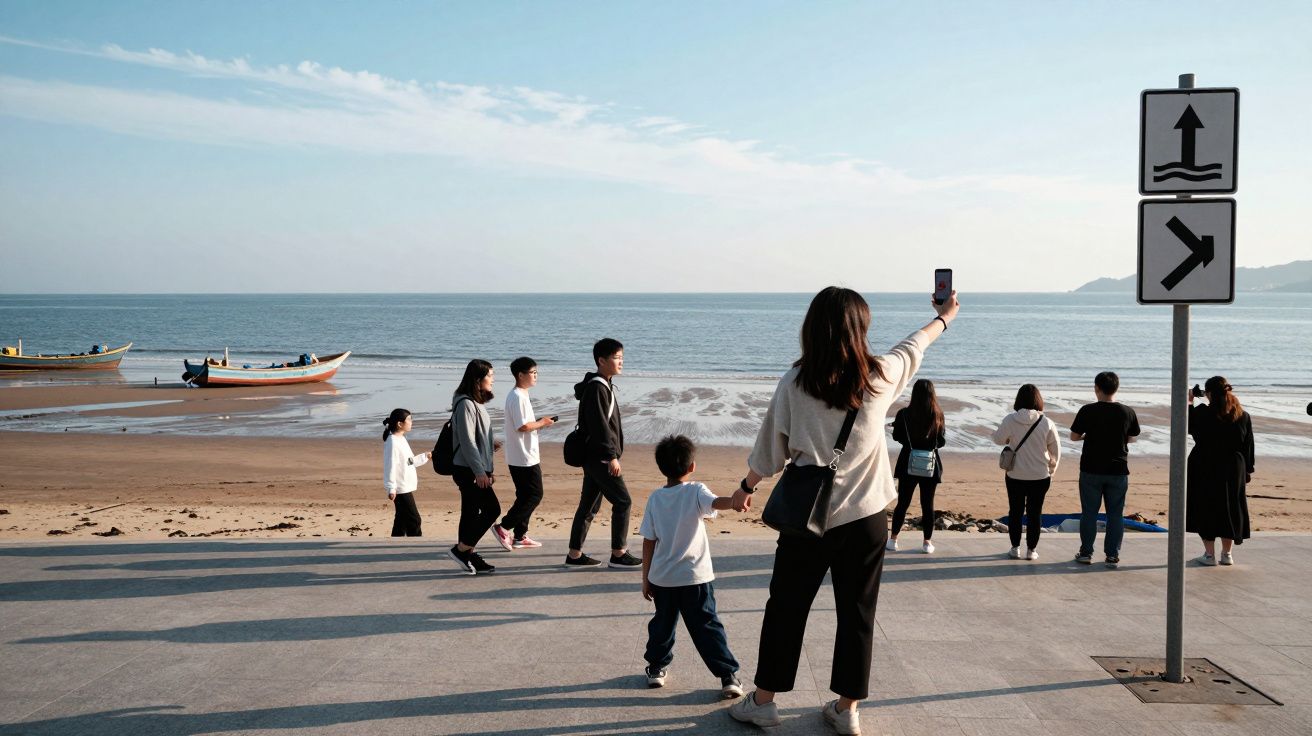 Pessoas na beira da praia ao pôr do sol, com barcos ancorados e sinalização de trânsito na frente.