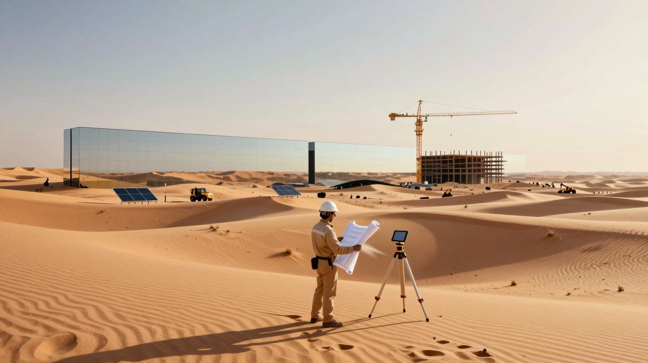 Engenheiro com capacete e plantas analisa terreno no deserto com construção e painéis solares ao fundo.