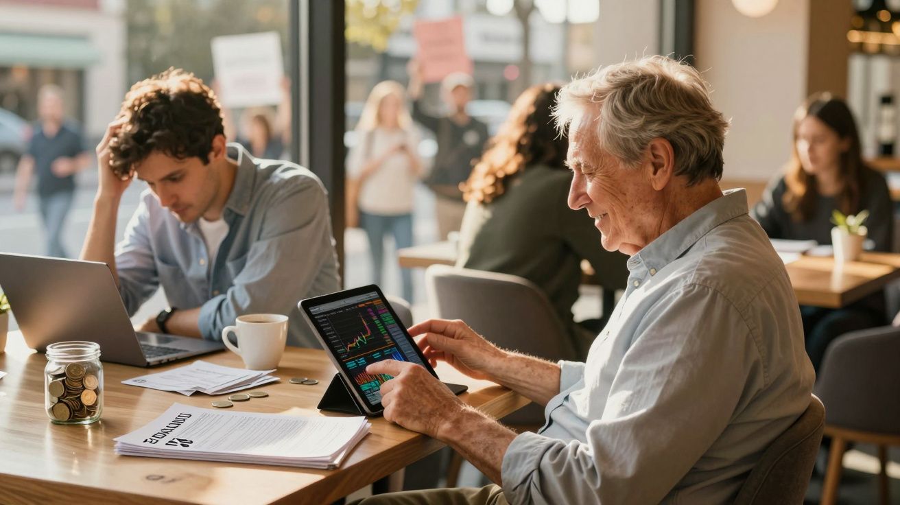 Homem idoso usa tablet com gráficos financeiros numa mesa com homem jovem e laptop num café.