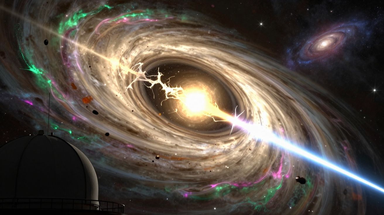 Imagem artística de um buraco negro com jato de energia e um observatório no primeiro plano.