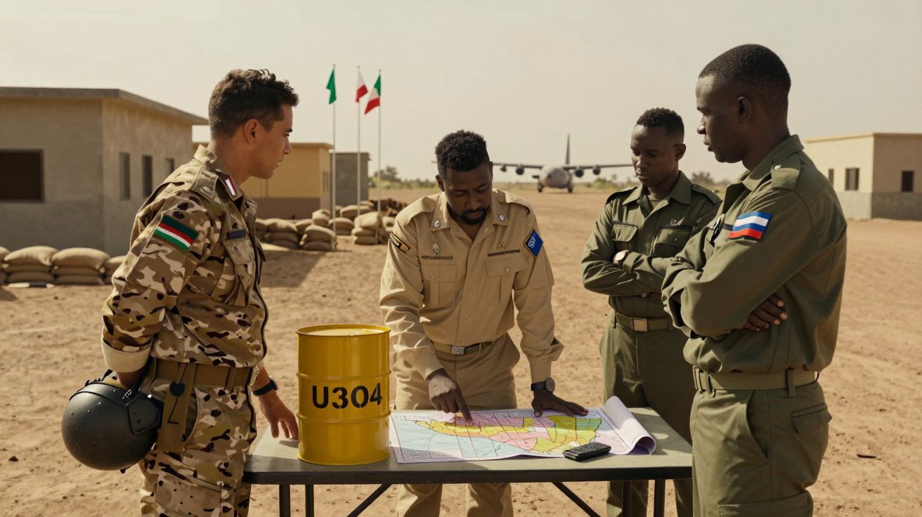 Quatro soldados de diferentes países observam um mapa sobre uma mesa numa base militar no deserto.