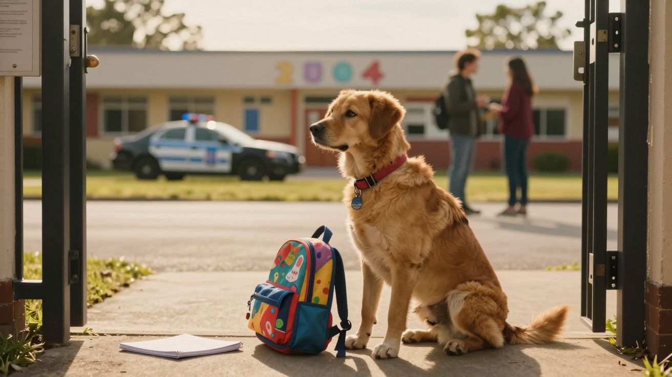 Cão sentado à entrada de uma escola com mochila colorida e caderno, polícia e pessoas ao fundo desfocadas.