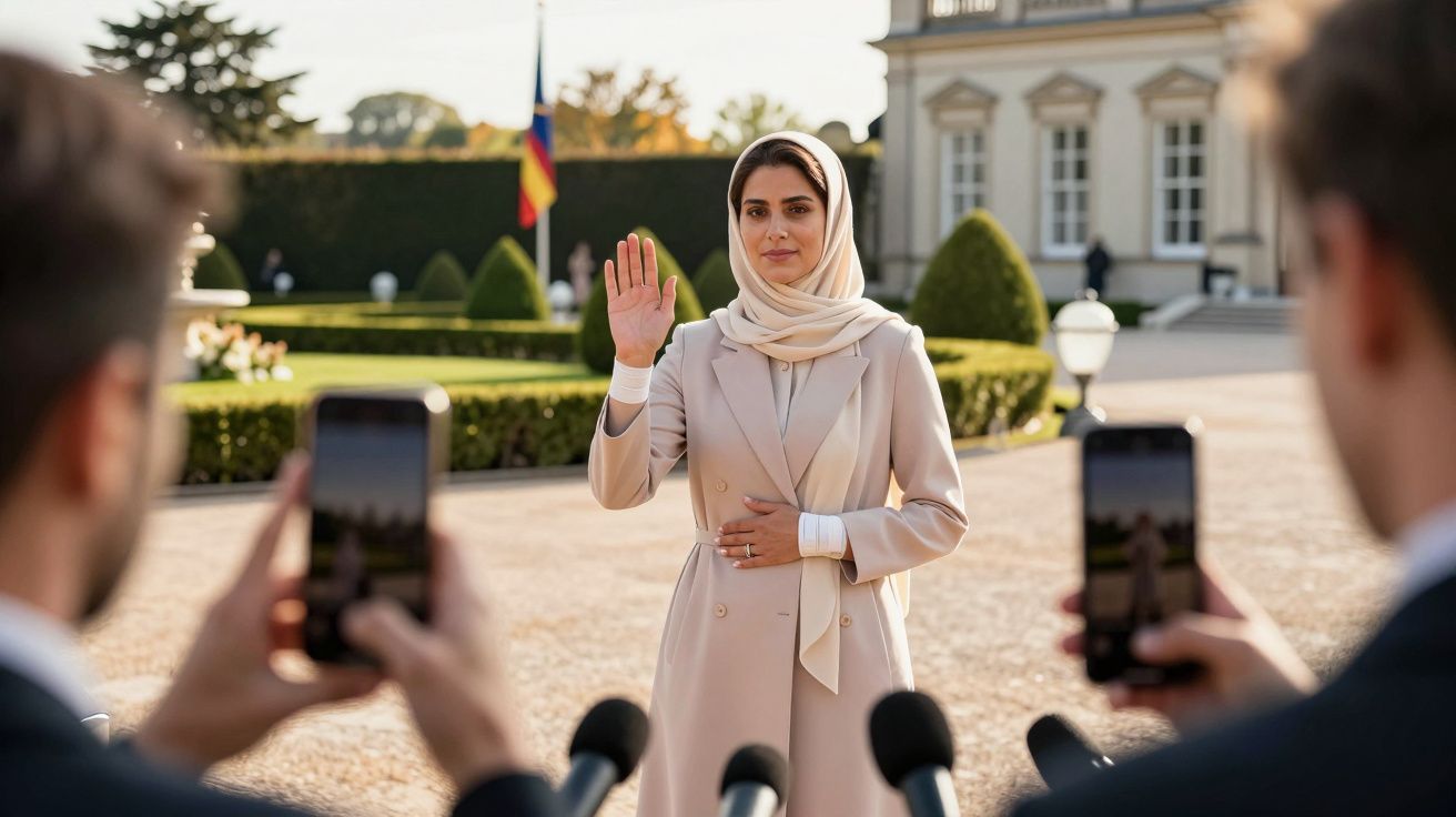Mulher com hijab e casaco bege levanta a mão em frente a microfones e pessoas a tirar fotos com telemóveis.