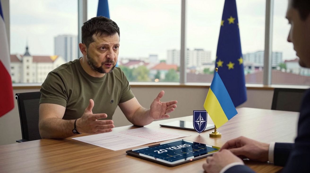 Homem com t-shirt verde a falar numa reunião, com bandeiras da Ucrânia, NATO e Europa ao fundo.
