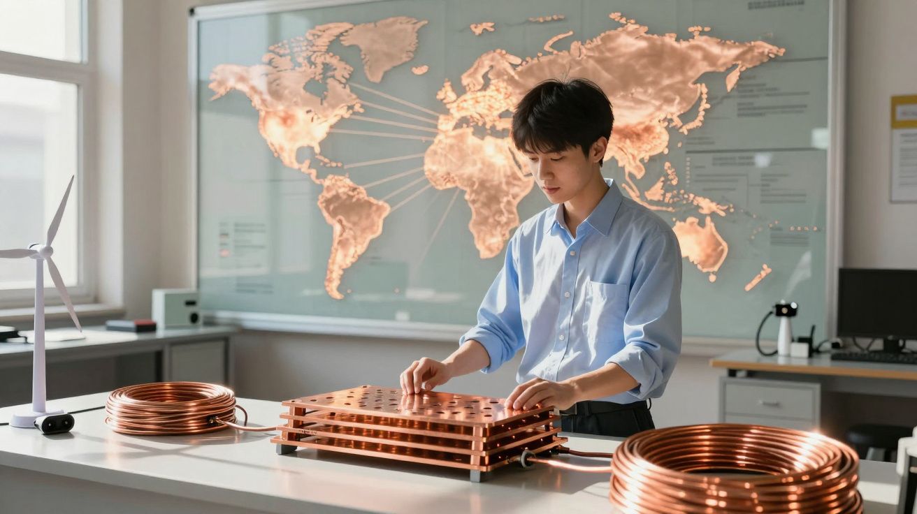 Jovem a manusear equipamento de cobre em laboratório com mapa-múndi iluminado ao fundo.