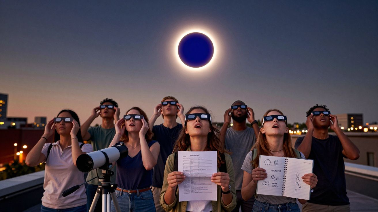 Grupo de pessoas com óculos especiais observando eclipse solar na cidade ao entardecer.