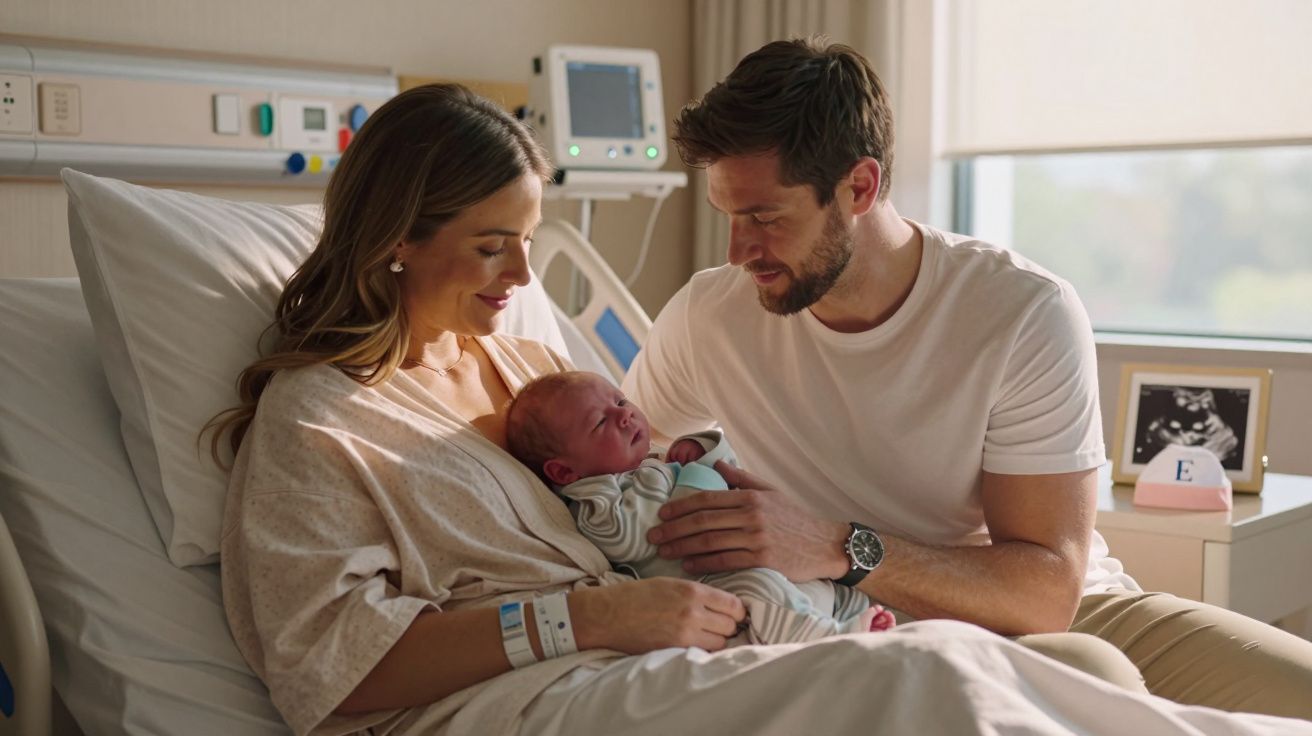 Mãe e pai sorridentes seguram recém-nascido no quarto do hospital, com equipamento médico ao fundo.