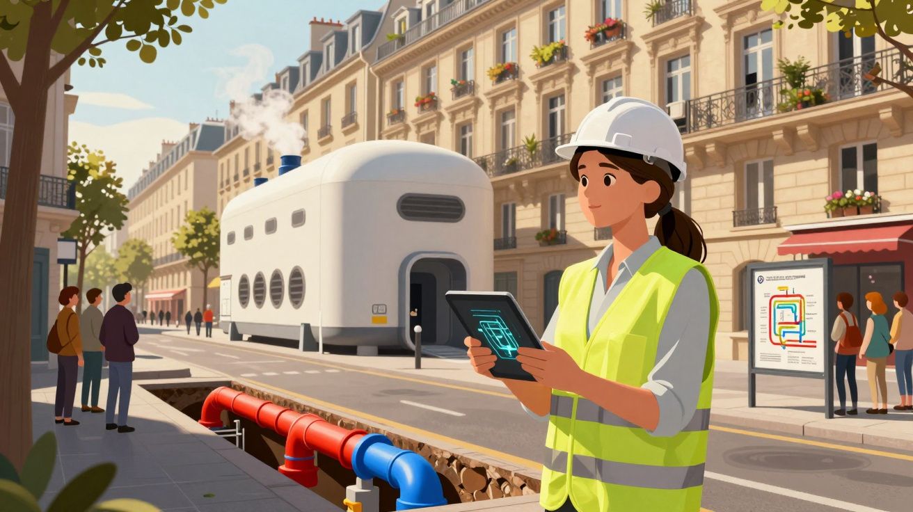 Engenheira com colete e capacete controla obra de canalização em rua urbana com edifícios antigos ao fundo.