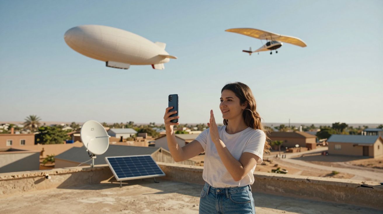 Mulher a fazer videochamada numa cobertura com dirigível, avião ultraleve, painéis solares e antena parabólica ao fundo.