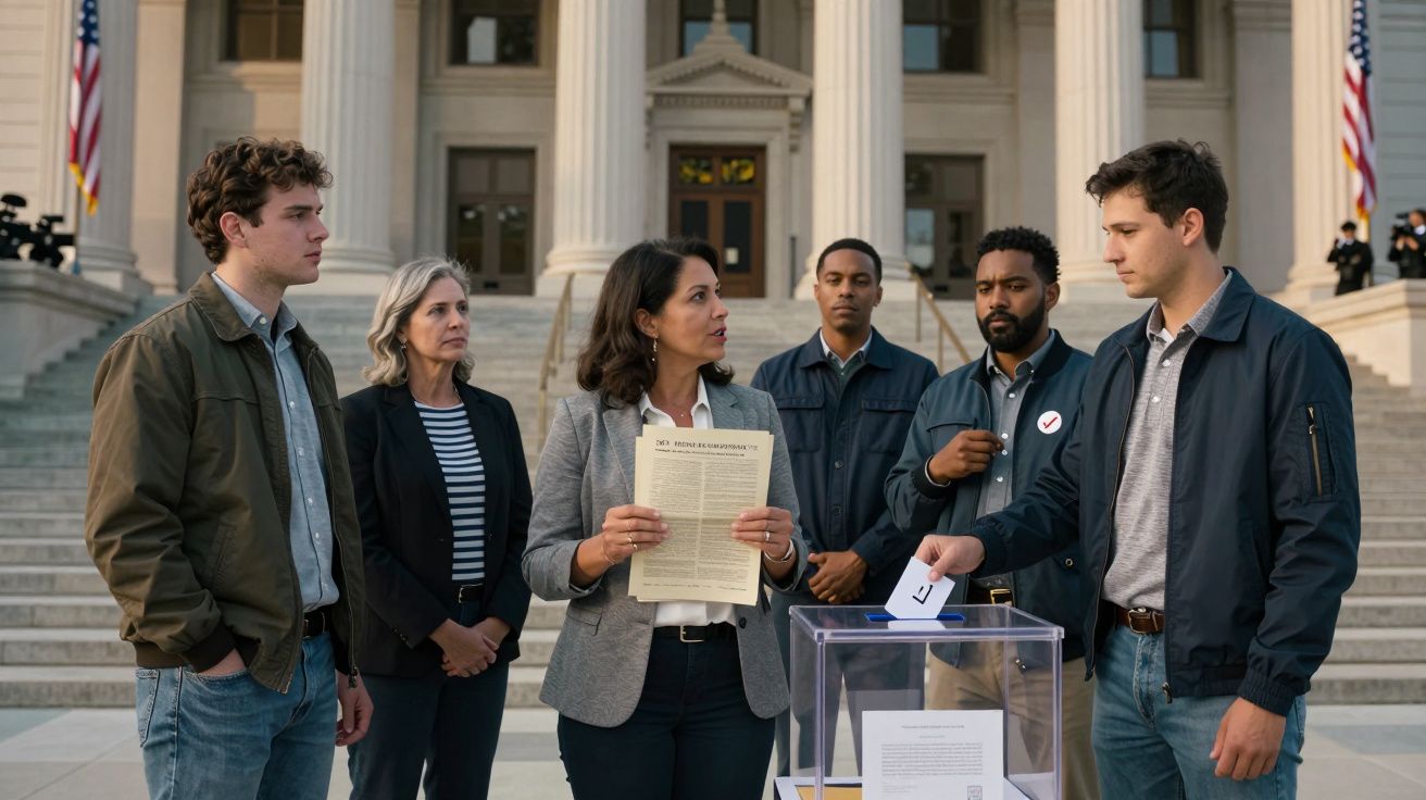 Grupo de pessoas a votar e discutir em frente a um edifício governamental com colunas grandes.