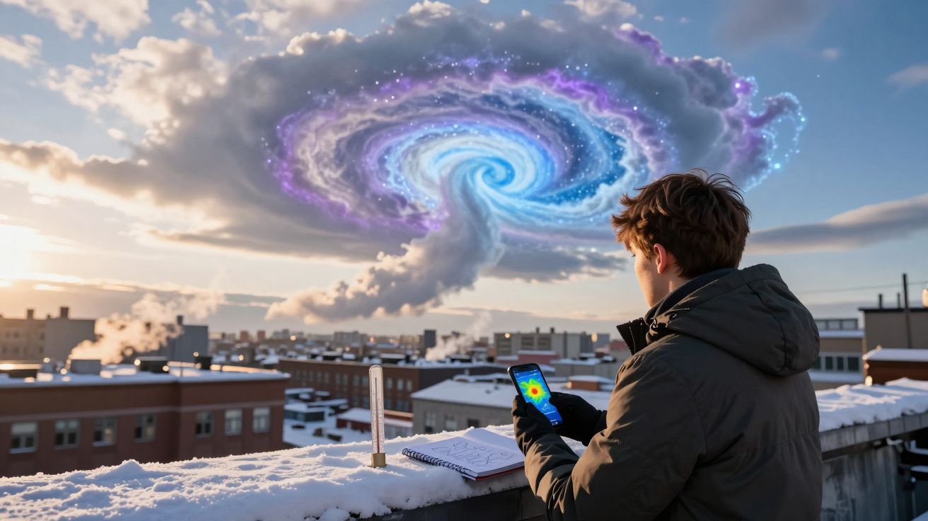 Rapaz com casaco observa no telemóvel uma espiral de galáxia no céu sobre prédios cobertos de neve.
