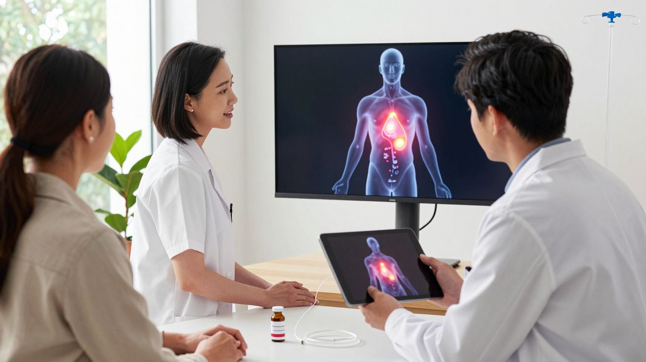 Médicos a mostrar exame digital do sistema digestivo a paciente numa consulta num consultório moderno.