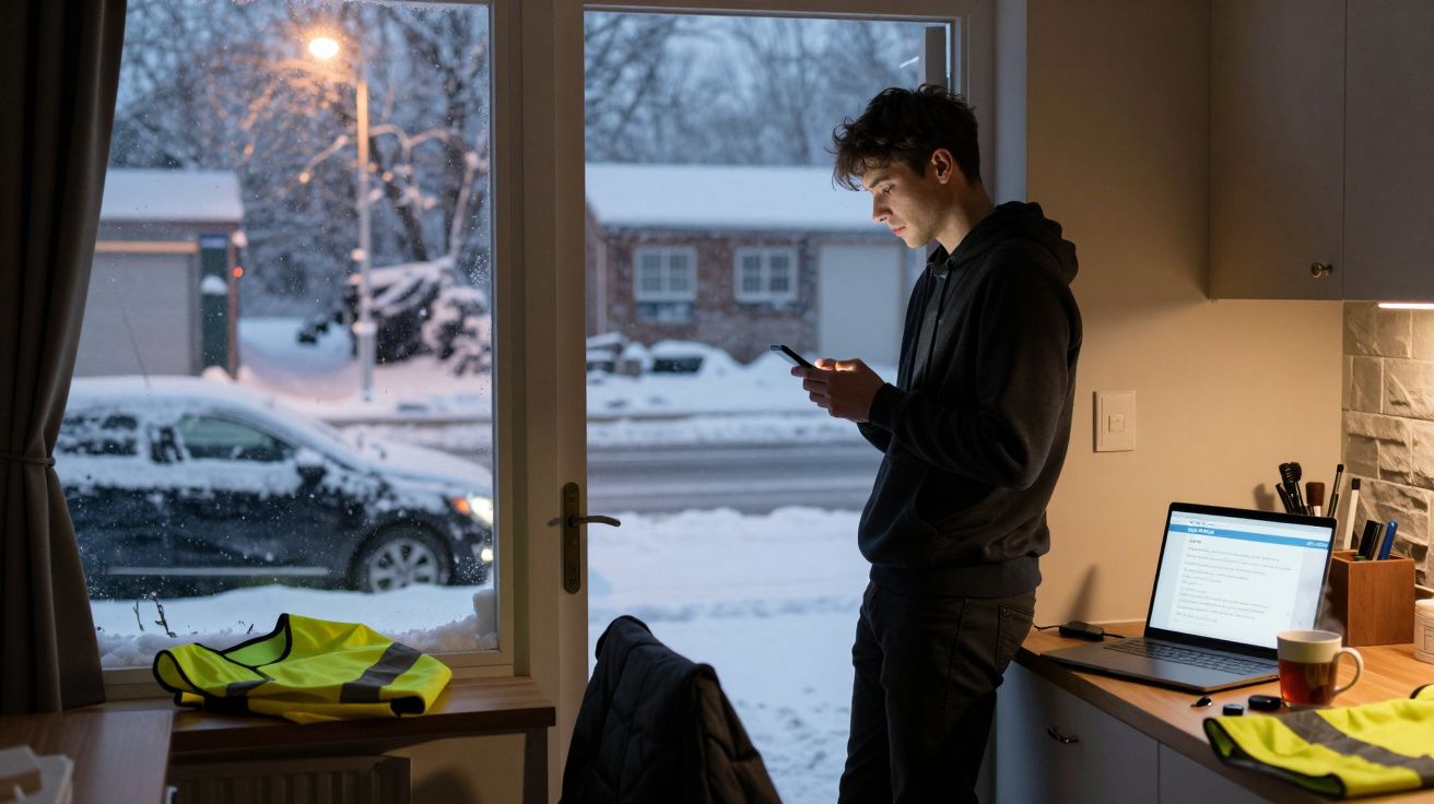 Jovem em casa vê o telemóvel perto da janela com neve e carro visíveis lá fora à noite.