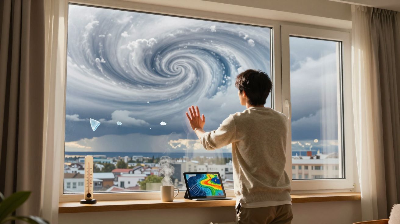 Pessoa em pé junto a janela observa um redemoinho no céu sobre a cidade, com tablet e chá na janela.