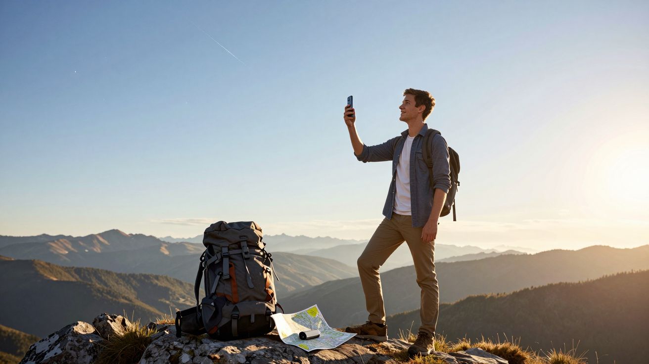 Homem com mochila a tirar foto no cume de montanha ao pôr do sol, com mapa e binóculos no chão.