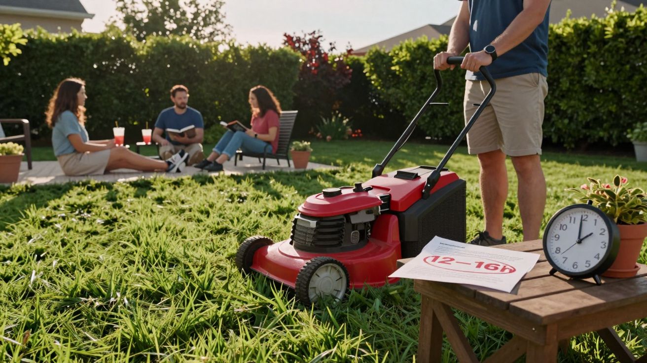 Pessoa a cortar relva com corta-relvas vermelho num jardim com três pessoas sentadas no fundo.