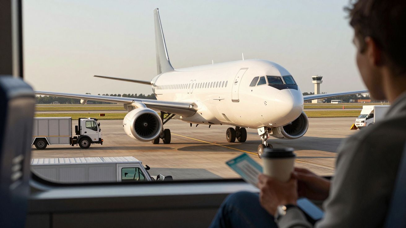 Homem sentado a olhar pela janela para um avião branco estacionado no aeroporto, segurando um bilhete e um café.