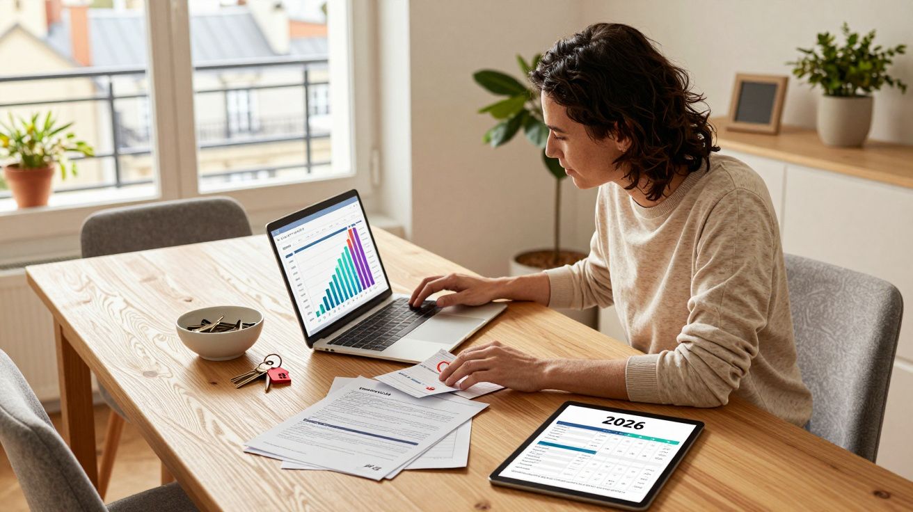 Pessoa sentada a trabalhar em mesa com laptop, documentos e tablet mostrando dados financeiros.