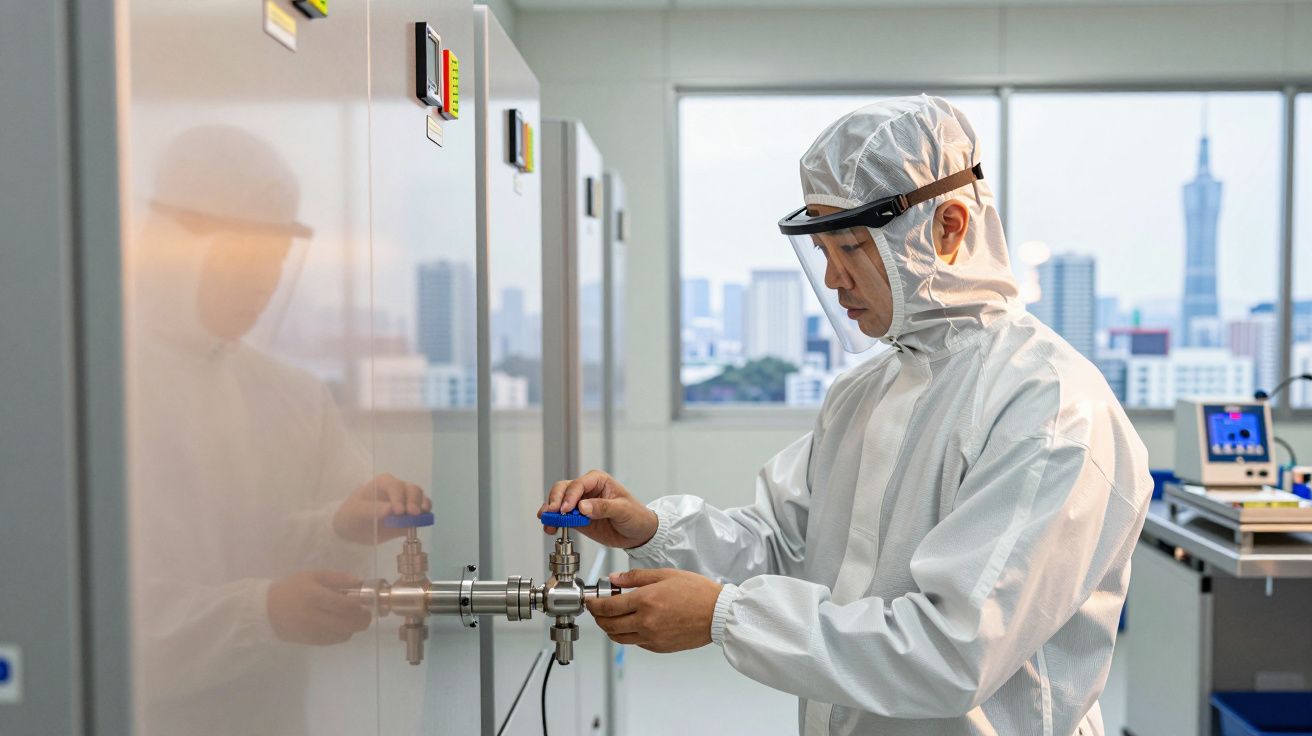 Técnico em roupa protetora ajusta equipamento num laboratório moderno com vista para a cidade.