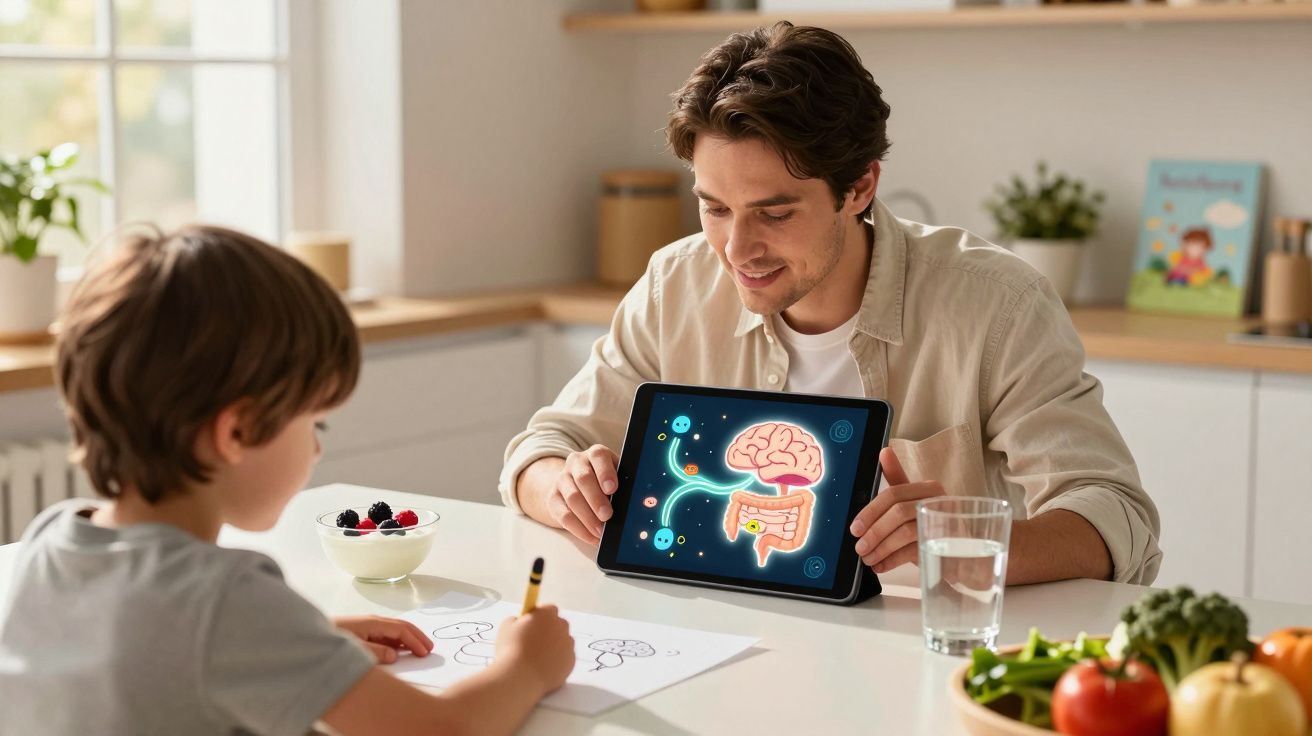 Homem mostra a uma criança uma imagem digital do sistema digestivo enquanto esta desenha à mesa da cozinha.