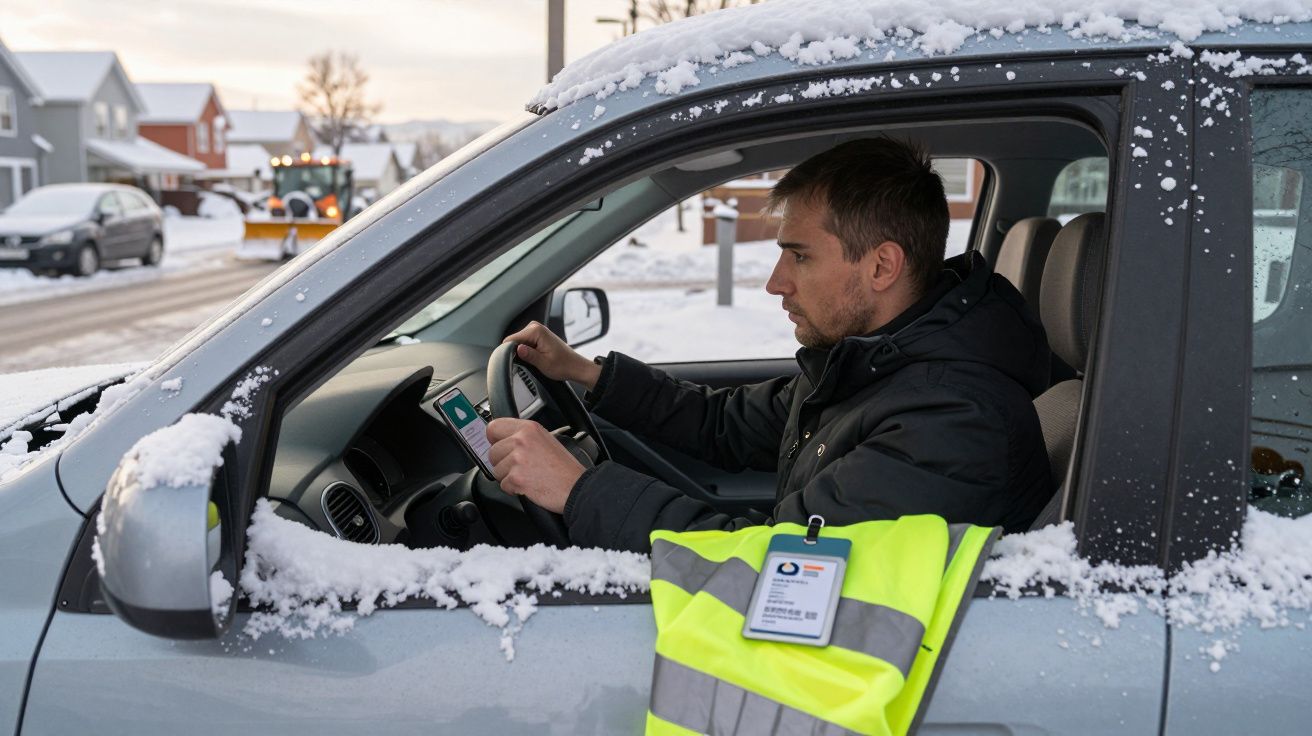 Homem dentro de carro parado na neve, a olhar para o telemóvel com colete amarelo pendurado na porta.
