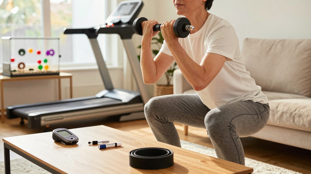 Pessoa a fazer agachamentos com halteres na sala de estar, com tapete e passadeira ao fundo.