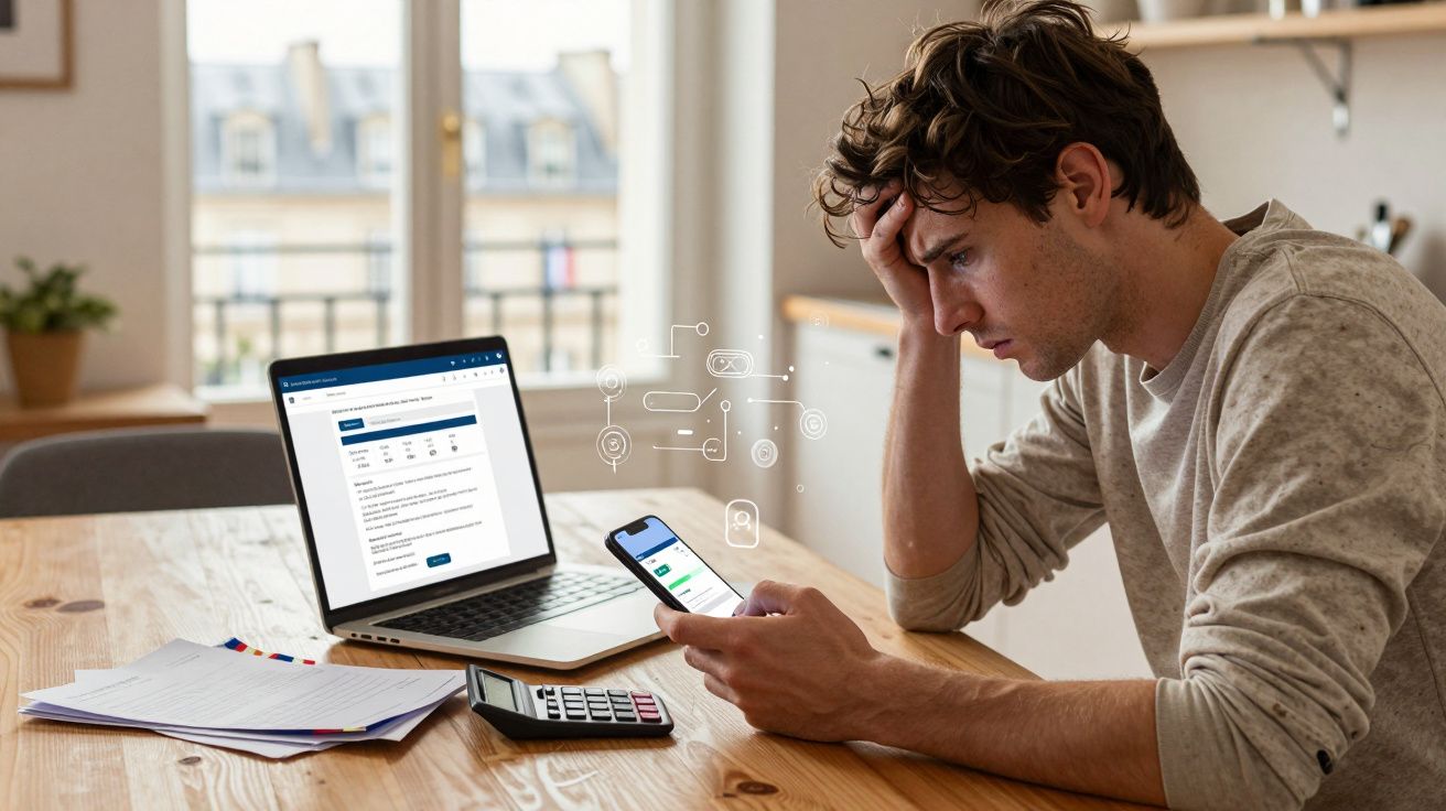 Homem preocupado sentado à mesa com telemóvel, computador portátil, calculadora e documentos espalhados.