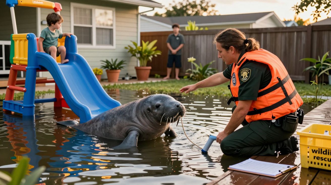Polícia com colete laranja interage com uma foca numa piscina com crianças e escorrega ao fundo.