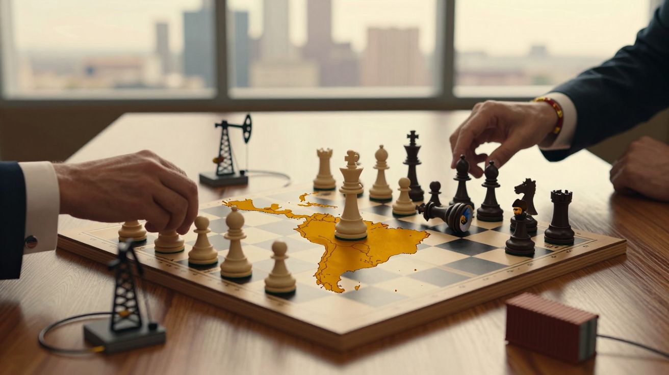 Tabuleiro de xadrez com o mapa da América do Sul, mãos a mover peças e miniaturas de plataformas petrolíferas.