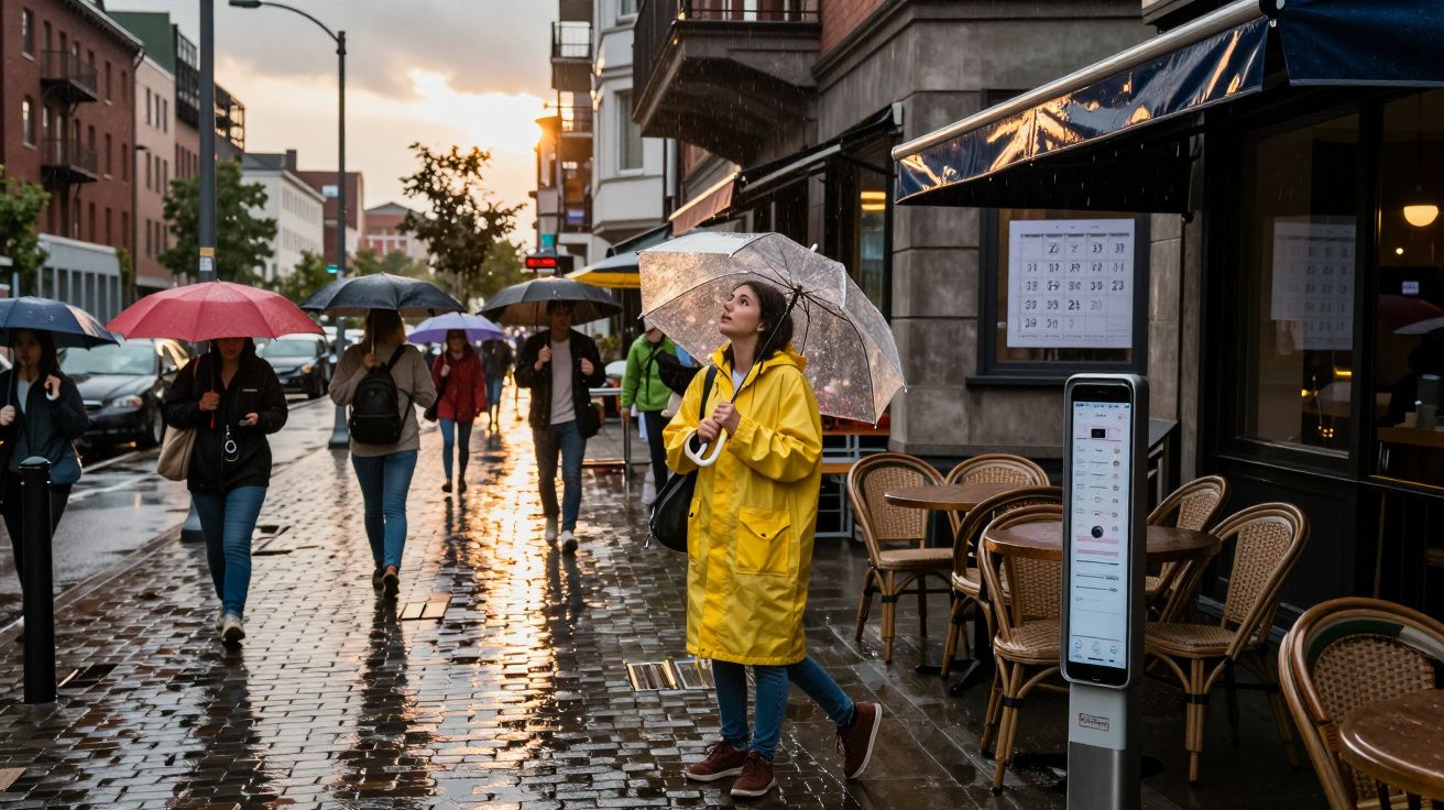 Pessoa de capa amarela e guarda-chuva transparente numa rua molhada com outras pessoas a usar guarda-chuvas ao entardecer.