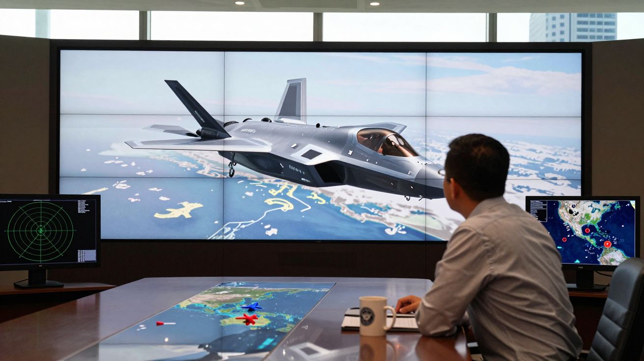 Homem sentado numa sala de controlo a observar ecrã gigante com imagem de avião militar furtivo em voo.