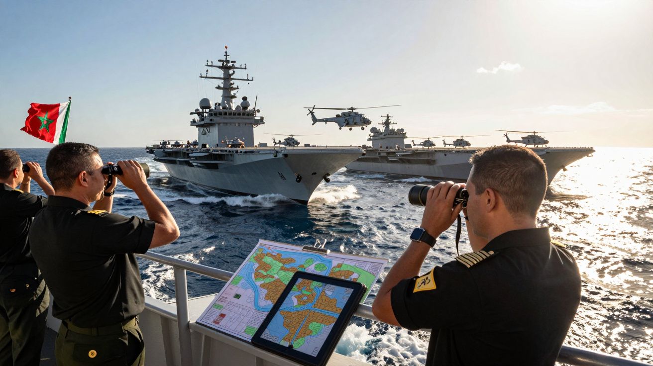 Militares a bordo de navio observam porta-aviões com helicópteros no mar durante exercício naval ao pôr do sol.