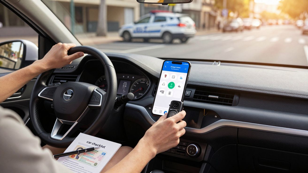 Interior de carro com motorista a usar comando de car streaming e smartphone no suporte de tablier.
